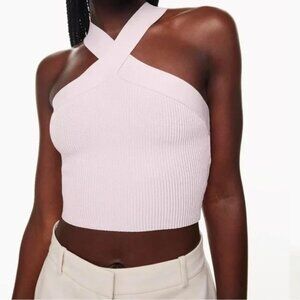 Aritzia Babaton Sculpt Ribbed Baby Pink Criss Cross Neck Crop Top